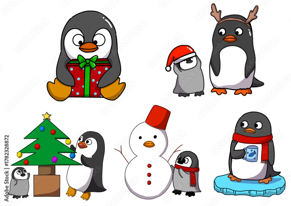Fototapeta premium Cute Baby Penguin and Snowman Illustration Set