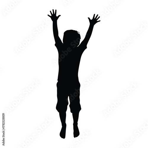 Silhouette of a child jumping with arms raised on white background Keywords: silhouette, child