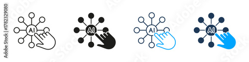 AI Network With Hand Connection Control Line and Solid Icon Set. Artificial Intelligence Access Interaction Symbol Collection. Isolated Vector Illustration