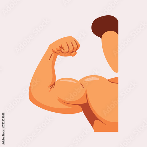 Cartoon illustration of a muscular arm flexing showing bicep and forearm muscles with brown hair detail.