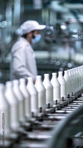 A man in a white lab coat is working on a line of milk bottles. The bottles are lined up on a conveyor belt and are being filled with milk
