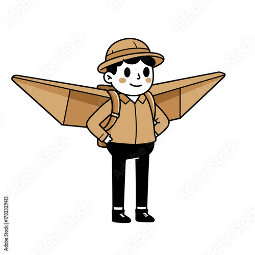 Cartoon boy with paper wings standing confidently in adventure pose  