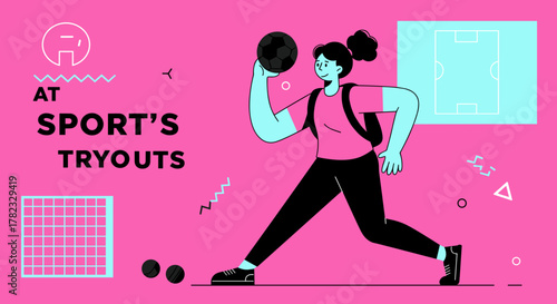 A young woman participating in a sports competition runs with a ball in her hands