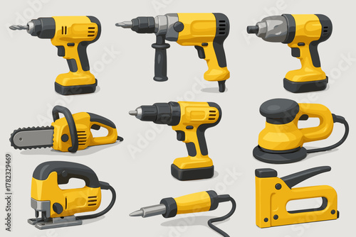 A set of power tool icons. All icons are rendered in a three-dimensional style using colors such as yellow and black.