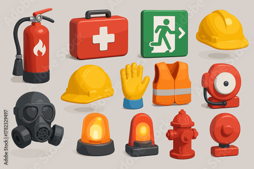 A set of icons related to safety and emergencies. All icons are rendered in a three-dimensional style using colors such as red, yellow, green, gray, and black.
