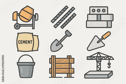 A set of icons related to building materials and equipment. All icons are designed in a simplified style using colors such as orange, gray, and brown.