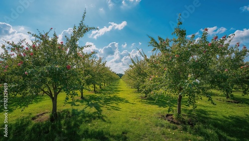 Fototapeta Naklejka Na Ścianę i Meble -  A sunny and vibrant day in a flowering orchard, seasonal change