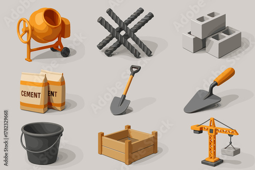 A set of icons related to building materials and equipment. All icons are rendered in a 3D style using colors such as orange, gray, brown, and black.