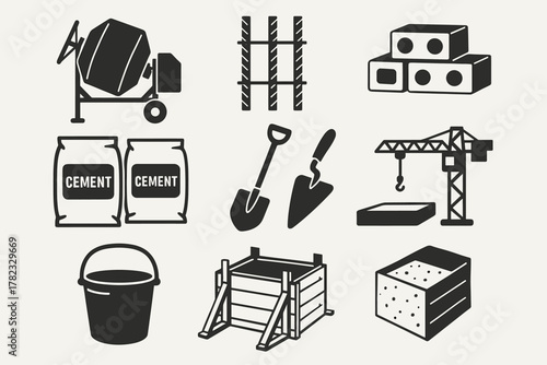 A set of icons related to building materials and equipment. All icons are made in black and white with a simple outline design.