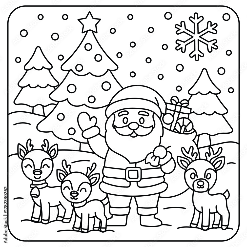 Fototapeta premium Santa Claus with Reindeer and Christmas Tree – Holiday Coloring Page Illustration