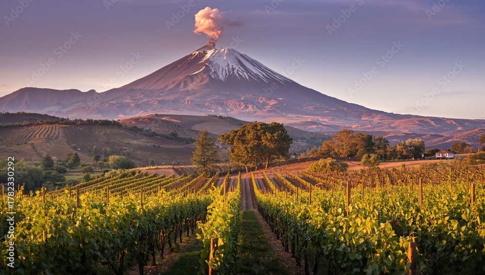 Naklejka premium Vineyards in a rural area with a distant volcano, showcasing agricultural resilience amidst nature's power