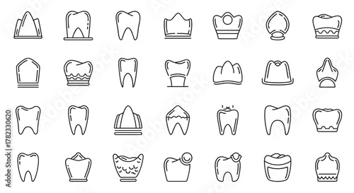 Collection of minimalistic linear pictograms representing various dental crowns, ideal for web and graphic design, apps, banners, social networks, and cards. This vector cartoon illustration features
