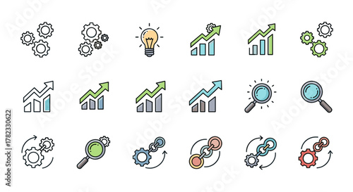 Collection of flat design icons representing continuous improvement, business growth, and operational efficiency, featuring gears, bar charts with upward arrows, a lightbulb for ideas, and magnifying