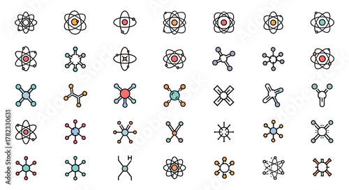 Collection of vibrant, filled-color icons representing atoms and chemical compounds, featuring minimalistic linear pictograms ideal for web, graphic design, apps, banners, and social networks