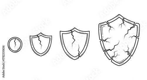 Set of cracked shield symbols in various sizes, hand-drawn with thin lines in a vector cartoon style, presented on a clean white background, representing damage, vulnerability, or broken protection.