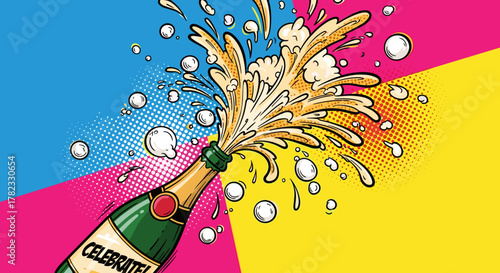 Vibrant Pop Art Illustration of a Champagne Bottle Exploding with Bubbles and Spray, Featuring a "Celebrate!" Label on a Bold, Colorful Background with Halftone Dots, Perfect for Party and Festive
