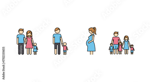 Simple linear illustrations depicting diverse family structures, including parents with one child, a single parent with a child, a pregnant woman, and a larger family unit, all rendered in a clean