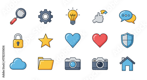 A vibrant and clean collection of flat line icons, featuring a magnifying glass, gear, lightbulb, thumbs up, speech bubbles, lock, star, hearts, shield, cloud, folder, cameras, and a house, all