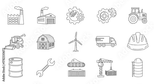 Industry line icon pack featuring factory, warehouse, gears, agriculture, and construction elements. This collection includes a tractor, combine harvester, barn, wind turbine, truck, hard hat, oil