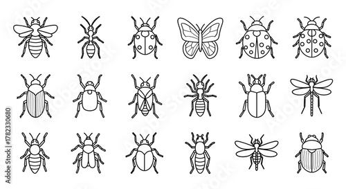 Collection of diverse insect outline icons, featuring a bee, ant, ladybug, butterfly, beetle, and dragonfly, perfect for infographics, articles, books, flyers, and banners, presented as a clean