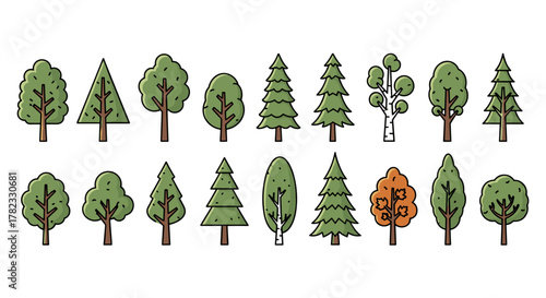 Collection of stylized, flat design trees in various shapes and sizes, including deciduous and coniferous varieties, presented on a clean white background, perfect for graphic design, app