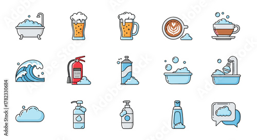 A vibrant collection of line art icons depicting foam and bubbles, perfect for graphic design, web development, app interfaces, advertising, and various card designs. This vector cartoon illustration