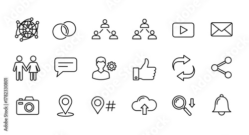 Social media line editable icon set, including social network, connection, networking, friends, comment, profile, like, share, and more. This collection of icons is perfect for representing digital