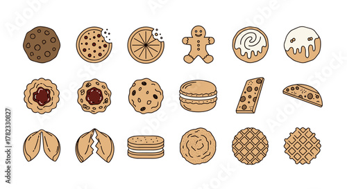 A delightful collection of hand-drawn cookie icons presented in a clean, ordered line on a white background, featuring a variety of popular baked treats perfect for culinary and baking themes.