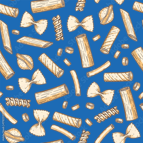 Traditional Italian pasta seamless pattern. Vector drawing. Italian food. Staple food. Hand drawn vector illustration. Design for packaging, menu.