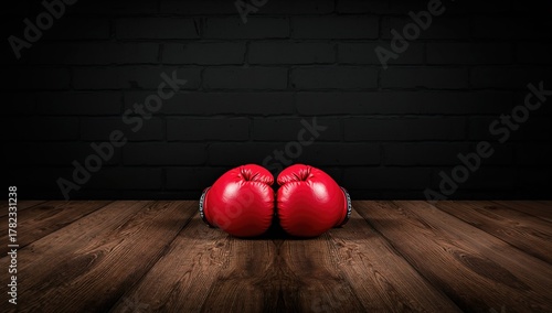 Red boxing gloves resting on a wooden surface, suitable for sports-themed decor