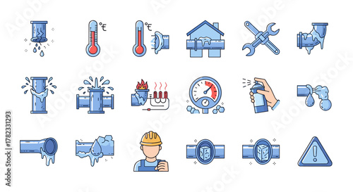 Frozen pipes line icon set, outline signs for graphic and web design, apps, adverts, various cards, vector cartoon illustration with a white background. Set includes cracked pipes, thermometers