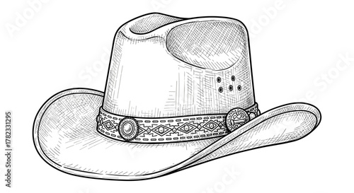 Detailed sketch of a classic cowboy hat with a decorative band, featuring a wide brim, creased crown, and intricate tribal-inspired patterns on the hatband, rendered in a vintage black and white