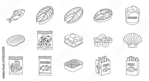 Set of frozen fish and seafood line icons, including whole fish, fish steaks, shrimp, scallops, and fish sticks, presented in a clean, modern outline style suitable for graphic design, web, apps, and