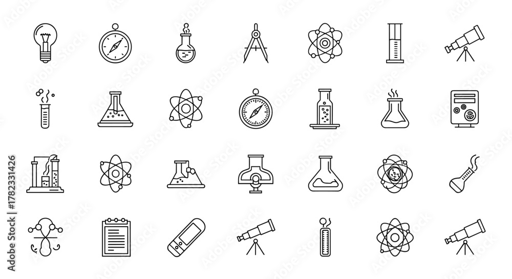 Naklejka premium A comprehensive collection of modern science-themed line icons, perfect for graphic design, websites, apps, and cards, featuring laboratory equipment like bulbs, beakers, and test tubes, alongside