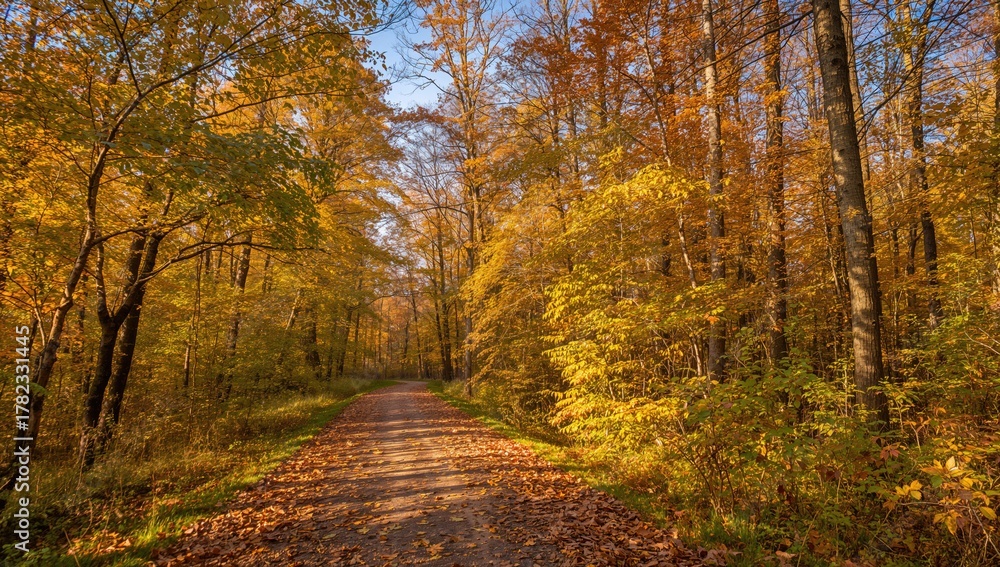 Obraz premium Narrow pathway winding through a thick forest of autumn leaves, showcasing seasonal change