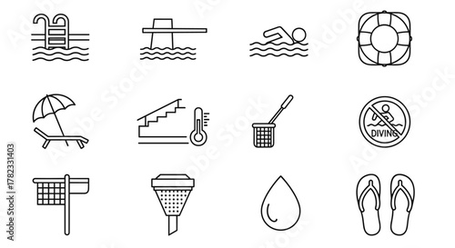 A collection of minimalistic linear pictograms representing swimming pool elements and activities, perfect for web and graphic design, apps, banners, social networks, and cards. This vector cartoon