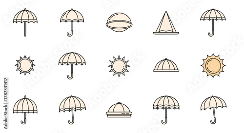 Collection of thin line icons representing weather protection elements like parasols, sunshades, and umbrellas, alongside sun symbols, perfect for web, books, cards, and apps, featuring editable