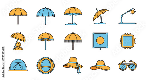 Vibrant collection of summer icons featuring parasols, sunshades, umbrellas, beach tents, hats, and sunglasses, perfect for UI design, placards, books, and apps, with editable strokes for web and