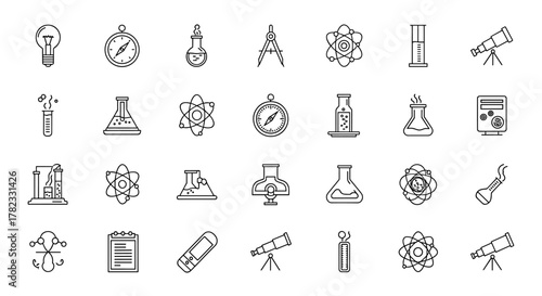 A comprehensive collection of modern science-themed line icons, perfect for graphic design, websites, apps, and cards, featuring laboratory equipment like bulbs, beakers, and test tubes, alongside