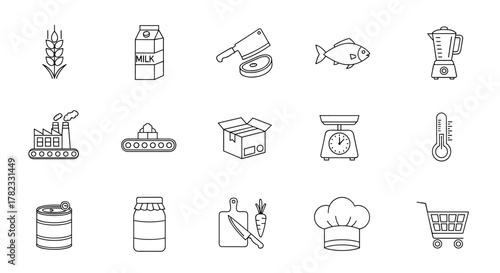 Set of food processing icons in a clean line art style, featuring a wheat stalk, milk carton, meat cleaver, fish, blender, factory, conveyor belt, open box, scale, thermometer, tin can, jar, cutting