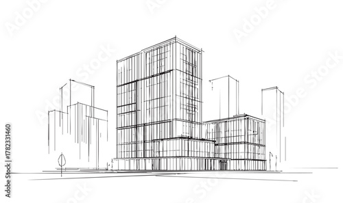 High rise building sketch. Line art