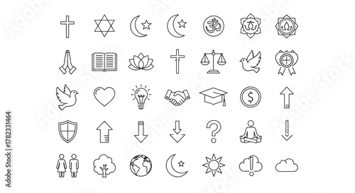 A comprehensive collection of thin line icons representing various religions, principles, and fundamental concepts, including symbols for Christianity, Judaism, Islam, Buddhism, Hinduism, peace