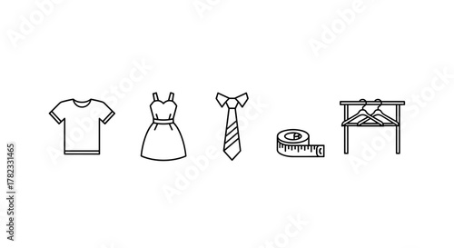 A clean and modern line icon set representing sewing and garment-related items, perfect for design projects, websites, and apps. The collection includes linear illustrations of a T-shirt, a dress, a