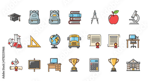 A vibrant collection of school and college line icons, featuring editable strokes, perfect for infographics, articles, books, flyers, and banners, presented as a vector cartoon illustration for