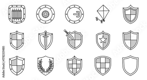 Collection of diverse shield icons, including medieval, heraldic, and modern designs, with editable strokes, perfect for web, books, cards, and apps. Vector cartoon illustration on a white