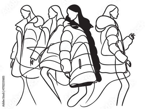 line sketch fashion models in down jacket on white background, abstract