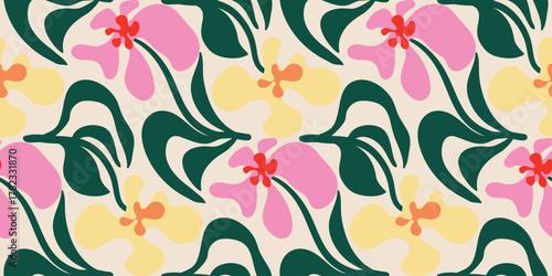 Bold flower vector pattern with sweeping green leaves and pink yellow flowers. Suitable for textile, surface print and fabric design