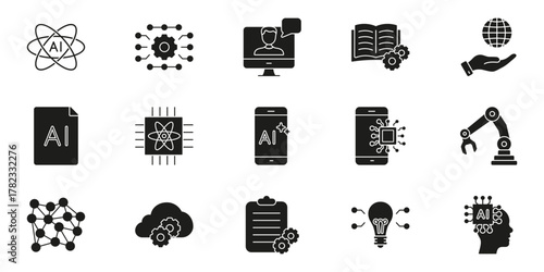 Artificial Intelligence, Machine Learning and Digital Technology Solid Icon Set. Innovation, Automation, Cloud Computing and Data Science Silhouette Symbol Collection. Isolated Vector Illustration