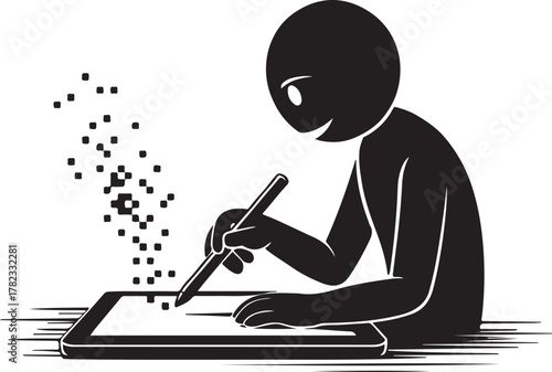 Digital Artist Creating Pixel Art on a Graphics Tablet Stick Figure