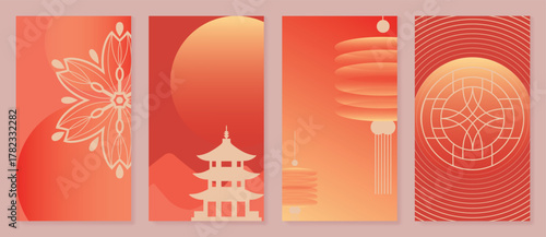 Chinese New Year banner set vector with lanterns, pagoda and golden red gradient. Suitable for festive packaging and print design